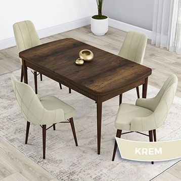 Canisa Kar Serisi 80x132 Açılabilir Mdf Barok Ahşap Desen Masa Takımı ve 4 Adet Krem Sandalye