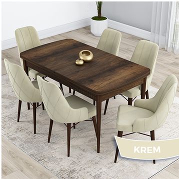 Canisa Kar Serisi 80x132 Açılabilir Mdf Barok Ahşap Desen Masa Takımı ve 6 Adet Krem Sandalye