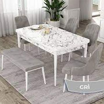 Canisa Kar Serisi 80x132 Açılabilir Mdf Beyaz Ceviz Ayak 4 Gri Sandalye ve 1 Bench Gri Masa Takımı