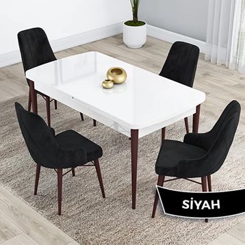 Canisa Kar Serisi 80x132 Açılabilir Mdf Beyaz Ceviz Ayak Masa Takımı ve 4 Adet Siyah Sandalye