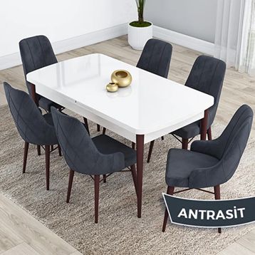 Canisa Kar Serisi 80x132 Açılabilir Mdf Beyaz Ceviz Ayak Masa Takımı ve 6 Adet Antrasit Sandalye