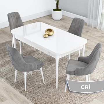 Canisa Kar Serisi 80x132 Açılabilir Mdf Beyaz Masa Takımı ve 4 Adet Gri Sandalye