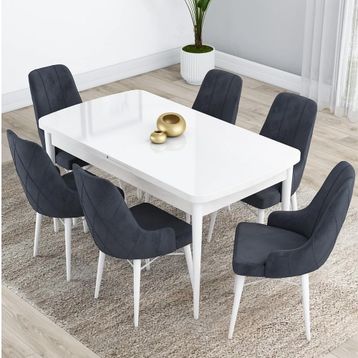 Canisa Kar Serisi 80x132 Açılabilir Mdf Beyaz Masa Takımı ve 6 Adet Antrasit Sandalye