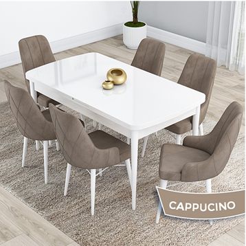 Canisa Kar Serisi 80x132 Açılabilir Mdf Beyaz Masa Takımı ve 6 Adet Cappucino Sandalye