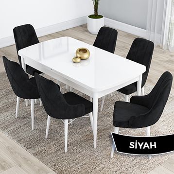 Canisa Kar Serisi 80x132 Açılabilir Mdf Beyaz Masa Takımı ve 6 Adet Siyah Sandalye