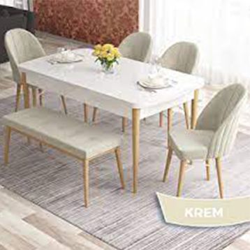 Canisa Kar Serisi 80x132 Açılabilir Mdf Beyaz Mermer Desen 4 Krem Sandalye ve 1 Bench Krem Masa Takımı