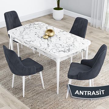 Canisa Kar Serisi 80x132 Açılabilir Mdf Beyaz Mermer Desen Masa Takımı ve 4 Adet Antrasit Sandalye