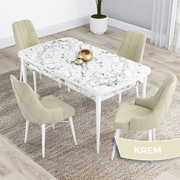 Canisa Kar Serisi 80x132 Açılabilir Mdf Beyaz Mermer Desen Masa Takımı ve 4 Adet Krem Sandalye