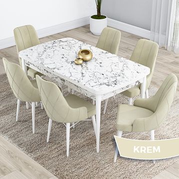 Canisa Kar Serisi 80x132 Açılabilir Mdf Beyaz Mermer Desen Masa Takımı ve 6 Adet Krem Sandalye