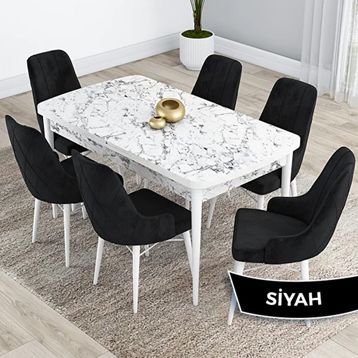 Canisa Kar Serisi 80x132 Açılabilir Mdf Beyaz Mermer Desen Masa Takımı ve 6 Adet Siyah Sandalye
