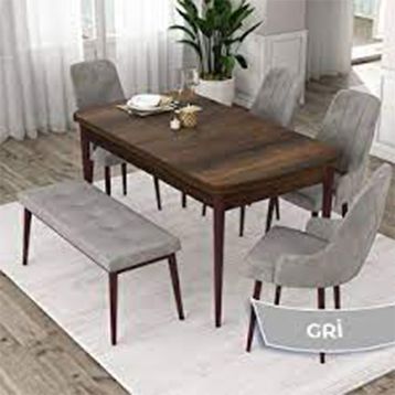 Canisa Kar Serisi 80x132 Açılabilir Mdf Siyah Mermer Desen 4 Gri Sandalye ve 1 Bench Gri Masa Takımı
