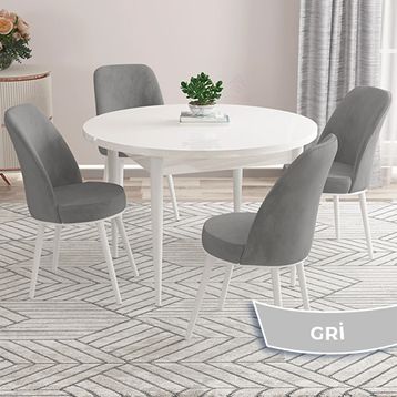 Canisa Kea Serisi Yuvarlak Beyaz Mermer Desen Mutfak Masası Takımı ve 4 Adet Gri Sandalye
