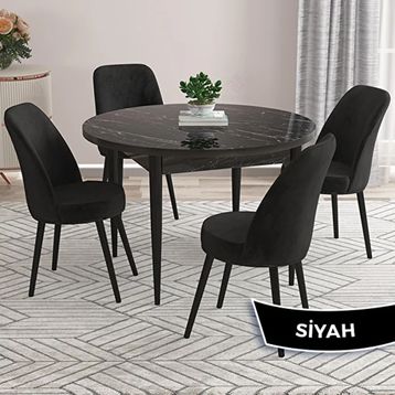Canisa Kea Serisi Yuvarlak Beyaz Mermer Desen Mutfak Masası Takımı ve 4 Adet Siyah Sandalye