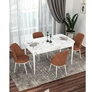 Canisa Kor Serisi 4 Sandalye Kiremit Beyaz Mermer Desen 70x114 Açılabilir Mutfak Masa Takımı