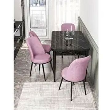 Canisa Kor Serisi 4 Sandalye Pembe Siyah Mermer Desen 70x114 Açılabilir Mutfak Masa Takımı