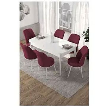 Canisa Kor Serisi 6 Sandalye Bordo Beyaz Masa 70x114 Açılabilir Mutfak Masa Takımı