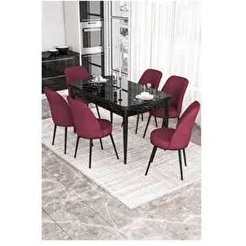 Canisa Kor Serisi 6 Sandalye Bordo Siyah Mermer Desen 70x114 Açılabilir Mutfak Masa Takımı
