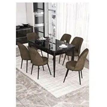 Canisa Kor Serisi 6 Sandalye Kahverengi Siyah Mermer Desen 70x114 Açılabilir Mutfak Masa Takımı