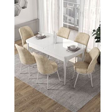 Canisa Kor Serisi 6 Sandalye Krem Beyaz Masa 70x114 Açılabilir Mutfak Masa Takımı