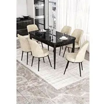 Canisa Kor Serisi 6 Sandalye Krem Siyah Mermer Desen 70x114 Açılabilir Mutfak Masa Takımı