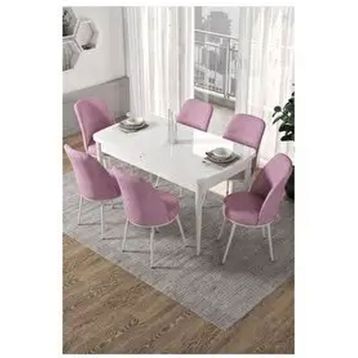 Canisa Kor Serisi 6 Sandalye Pembe Beyaz Masa 70x114 Açılabilir Mutfak Masa Takımı