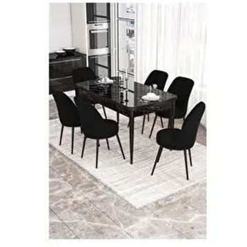 Canisa Kor Serisi 6 Sandalye Siyah Siyah Mermer Desen 70x114 Açılabilir Mutfak Masa Takımı