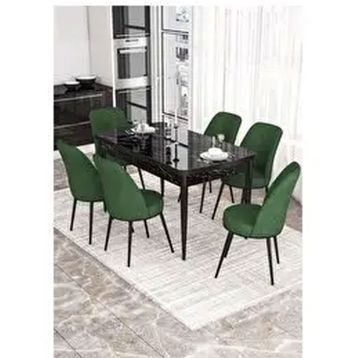 Canisa Kor Serisi 6 Sandalye Su Yeşili Beyaz Mermer Desen 70x114 Açılabilir Mutfak Masa Takımı