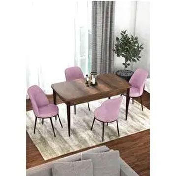 Canisa Kor Serisi Barok Ahşap Desen 70x114 cm Açılabilir 4 Sandalye Pembe Mutfak Masası Takımı