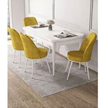 Canisa Kor Serisi Beyaz Masa 70x114 cm Açılabilir 4 Sandalye Hardal Mutfak Masası Takımı