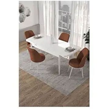 Canisa Kor Serisi Beyaz Masa 70x114 cm Açılabilir 4 Sandalye Kiremit Mutfak Masası Takımı