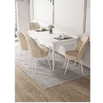 Canisa Kor Serisi Beyaz Masa 70x114 cm Açılabilir 4 Sandalye Krem Mutfak Masası Takımı