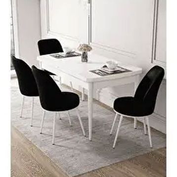 Canisa Kor Serisi Beyaz Masa 70x114 cm Açılabilir 4 Sandalye Siyah Mutfak Masası Takımı