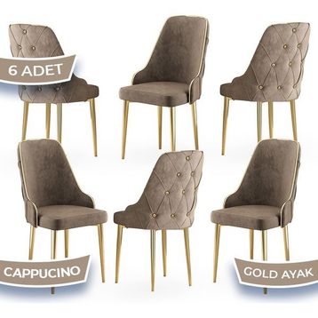 Canisa Krax Serisi 6 Adet 1. Sınıf Babyface Kumaş Gold Metal Ayaklı Cappucino Yemek Odası Sandalyesi