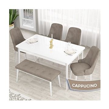 Canisa Lav Serisi 80x132 Beyaz Mutfak Masa Takımı Gold Halkalı 4 Cappucino Sandalye ve Cappucino 1 Bench