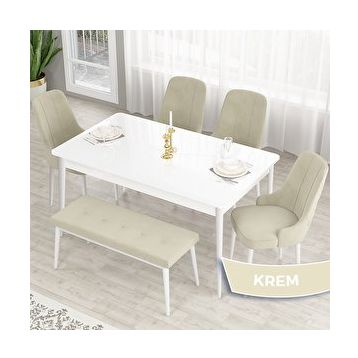 Canisa Lav Serisi 80x132 Beyaz Mutfak Masa Takımı Gold Halkalı 4 Krem Sandalye ve Krem 1 Bench