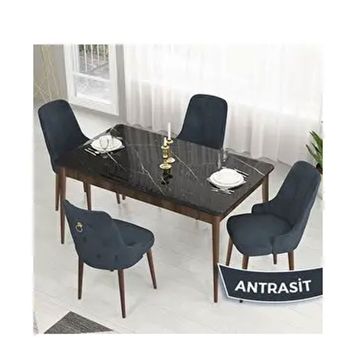 Canisa Lav Serisi 80x132 Siyah Mermer Desen Ceviz Ayak Masa Takımı ve Gold Halkalı 4 Adet Antrasit Sandalye