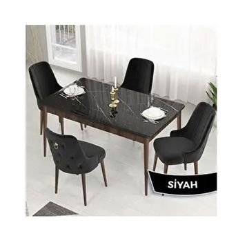 Canisa Lav Serisi 80x132 Siyah Mermer Desen Ceviz Ayak Masa Takımı ve Gold Halkalı 4 Adet Siyah Sandalye