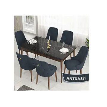 Canisa Lav Serisi 80x132 Siyah Mermer Desen Ceviz Ayak Masa Takımı ve Gold Halkalı 6 Adet Antrasit Sandalye