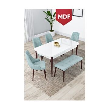 Canisa Lia Serisi 4 Sandalye ve 1 Bench Su Yeşili 80x132 Açılabilir Beyaz Masa Ceviz Ayak Mutfak Masası Takımı