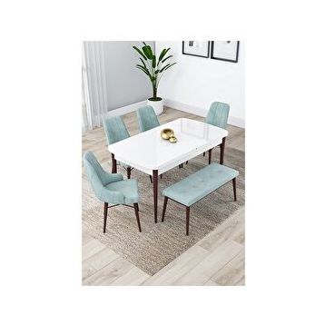 Canisa Lia Serisi 4 Sandalye ve 1 Bench Su Yeşili 80x132 Açılabilir Beyaz Masa Ceviz Ayak Mutfak Masası Takımı