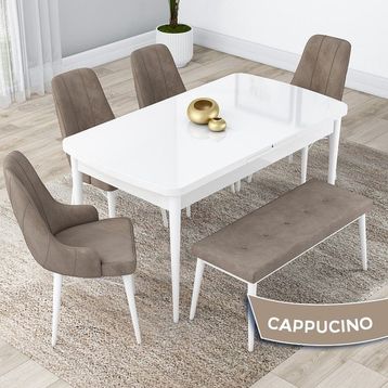 Canisa Lia Serisi 80x132 cm Açılabilir Beyaz Masa 4 Sandalye Cappucino Mutfak Masa Takımı