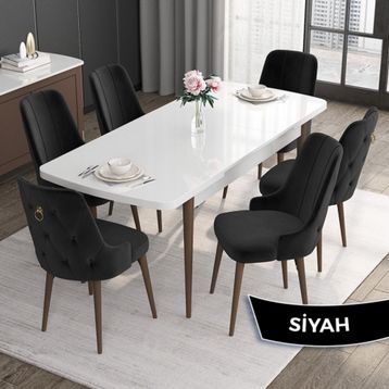 Canisa Lia Serisi 80x132 cm Açılabilir Siyah Mermer Desen ,6 Sandalye Siyah Mutfak Masası Takımı