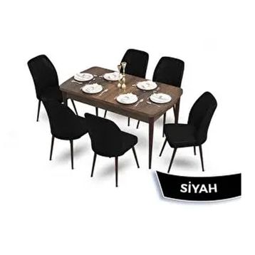 Canisa Mun Serisi 80x132 Açılabilir Mdf Barok Ahşap Desen Masa Takımı ve 6 Adet Siyah Sandalye