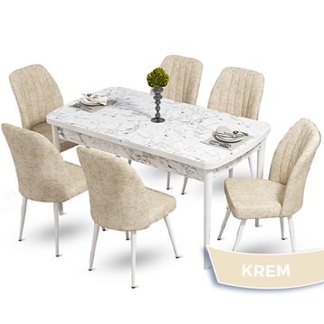Canisa Mun Serisi 80x132 Açılabilir Mdf Beyaz Mermer Desen Masa Takımı ve 6 Adet Krem Sandalye