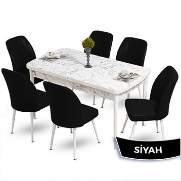 Canisa Mun Serisi 80x132 Açılabilir Mdf Beyaz Mermer Desen Masa Takımı ve 6 Adet Siyah Sandalye