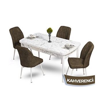 Canisa Mun Serisi 80x132 cm Açılabilir Mdf Beyaz Mermer Desen 4 Kahverengi Sandalye Masa Takımı
