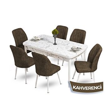 Canisa Mun Serisi 80x132 cm Açılabilir Mdf Beyaz Mermer Desen 6 Kahverengi Sandalye Masa Takımı