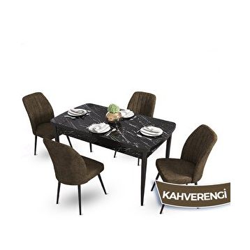 Canisa Mun Serisi 80x132 cm Açılabilir Mdf Siyah Mermer Desen 4 Kahverengi Sandalye Masa Takımı