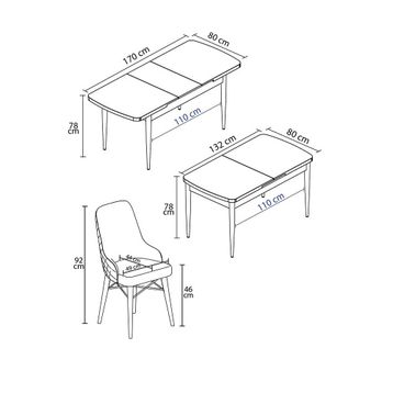 Canisa Mun Serisi 80x132 cm Açılabilir Mdf Siyah Mermer Desen 4 Kahverengi Sandalye Masa Takımı
