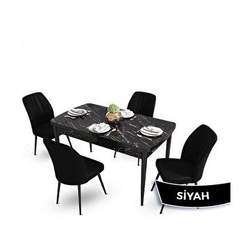 Canisa Mun Serisi 80x132 cm Açılabilir Mdf Siyah Mermer Desen 4 Siyah Sandalye Masa Takımı